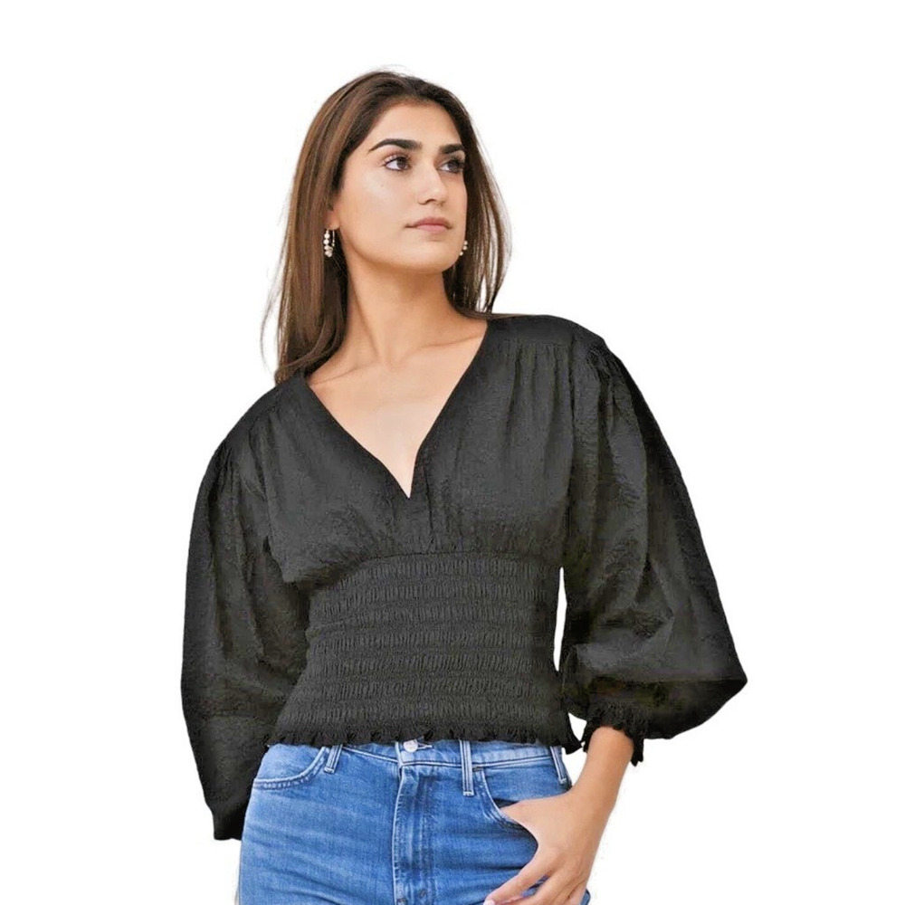 Frame Women V-Neck Smocked Top Balloon Sleeves Black Size M Peasant $348